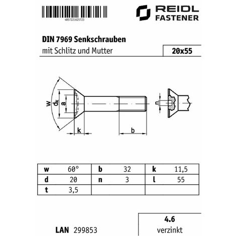 DIN 7969 Senkschrauben mit Schlitz für Stahlkonstruktionen M 20 x 55, 4 ...