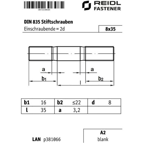 Reidl DIN 835 Stiftschrauben mit Einschraubende=2d, M 8 x 35, A2 blank