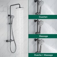 Dusche Duschsystem mit Thermostat, 2 Funktionen Duschset Regendusche inkl. Edelstahl Kopfbrause, Handbrause, verstellbarer Duschstange Graue