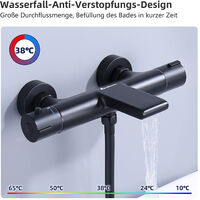 Wannenarmatur Thermostat Wasserfall Badewannenarmatur mit Sicherheitsknopf 38℃ Wannenbatterie Mischbatterie Dusche Duscharmatur Schwarz