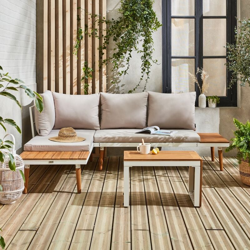 Set di mobili da giardino modulari beige e bianchi in alluminio e legno  d'acacia, 4 posti, San Paolo,140 x 68 x 65cm