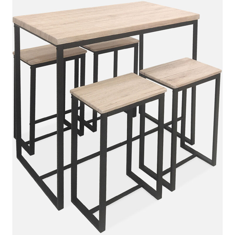 Set tavolo alto rettangolare LOFT con 4 sgabelli da bar, arredamento in  acciaio e legno, incasso, design