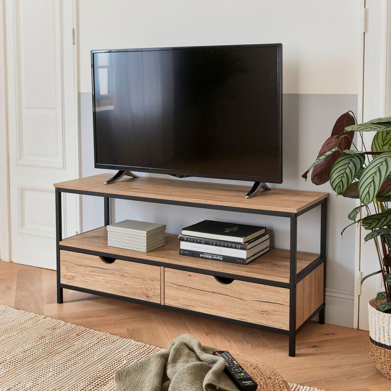 Mobile per TV in legno e metallo 120x39x57cm - Loft - con 2 cassetti