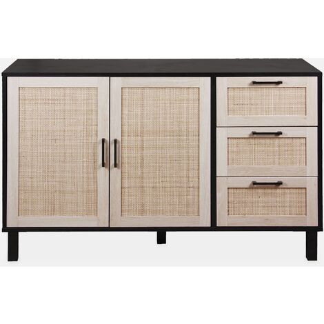 Credenza in canna e nero 120 x 40 x 75 cm - Bianca - 3 cassetti, 2 ante