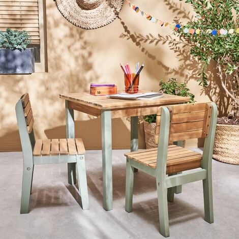 Tavolo per bambini in legno di acacia FSC, verde acqua, per interni ed  esterni con 2 sedie