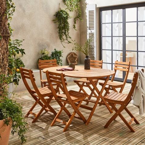 Tavolo da giardino pieghevole da 150 cm in legno di acacia pre-oliato,  forma ovale con 6 sedie pieghevoli