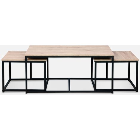 Set di 3 tavolini gigogne in metallo nero, arredamento in legno - Loft - da  incasso, 1x100x45x60cm / 2x50x50x38cm
