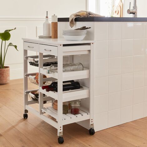 Credenza da cucina bianca, carrello su ruote - Charlotte - 2 cassetti, 3  cesti, 2 portabottiglie, 1 ripiano