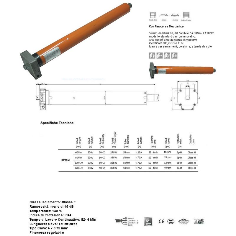 MOTORE ELETTRICO AUTOMAZIONE TUBOLARE PER SERRAMENTI AVVOLGIBILI TAPPARELLE  TENDE DA SOLE 230 KG 120 NM