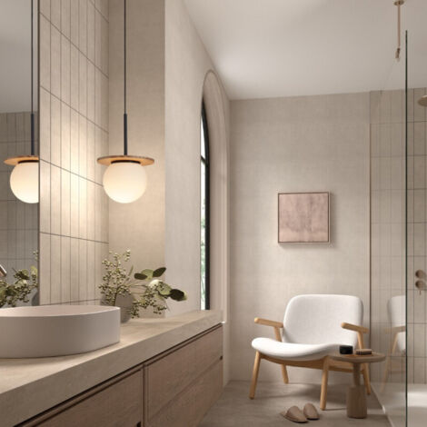 Suspension salle de bain en bois naturel – Hauteur réglable 130 cm – IP44 – Design moderne avec verre blanchi et métal noir mat – Millumine