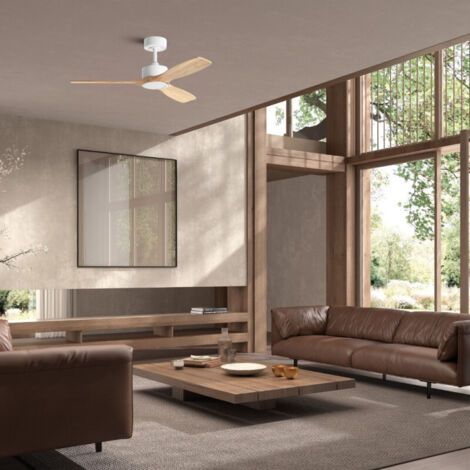 Ventilateur de plafond lumineux blanc et bois Santorini (1/4)