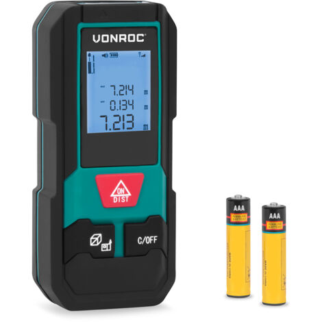 VONROC Télémètre laser - portée de 20 mètres - taille compacte - mesure la distance, la surface, le volume - mode Pythagore - référence de mesure réglable - piles incluses. (1/2)