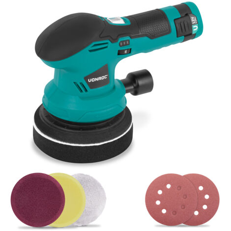 VONROC Polisseuse 12V - Ø 125mm - double action - 2-en-1 : polissage et ponçage -  Comprend batterie, câble USB-C