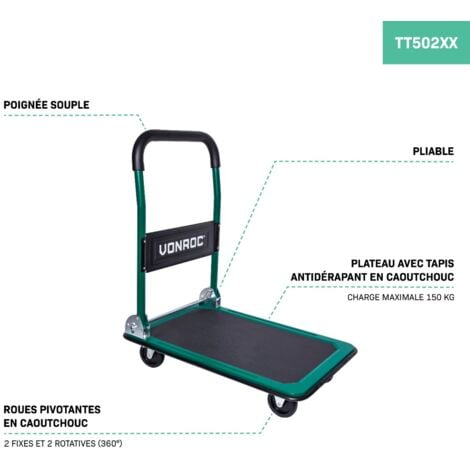 VONROC Chariot plateforme pliant – Capacité de charge de 150kg max. - Plateau de 47x73 cm