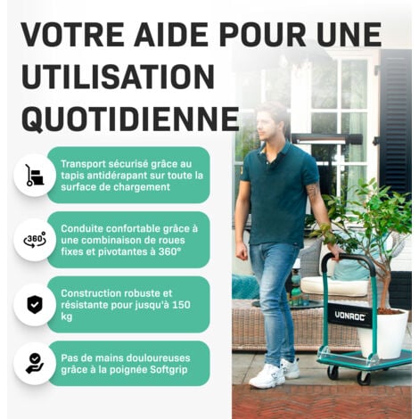 VONROC Chariot plateforme pliant – Capacité de charge de 150kg max. - Plateau de 47x73 cm