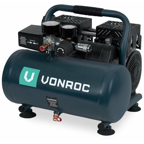VONROC PRO Compresseur d'air silencieux - 750W – 1HP- 128 l/min. - Sans  huile - Réservoir 6L - 8