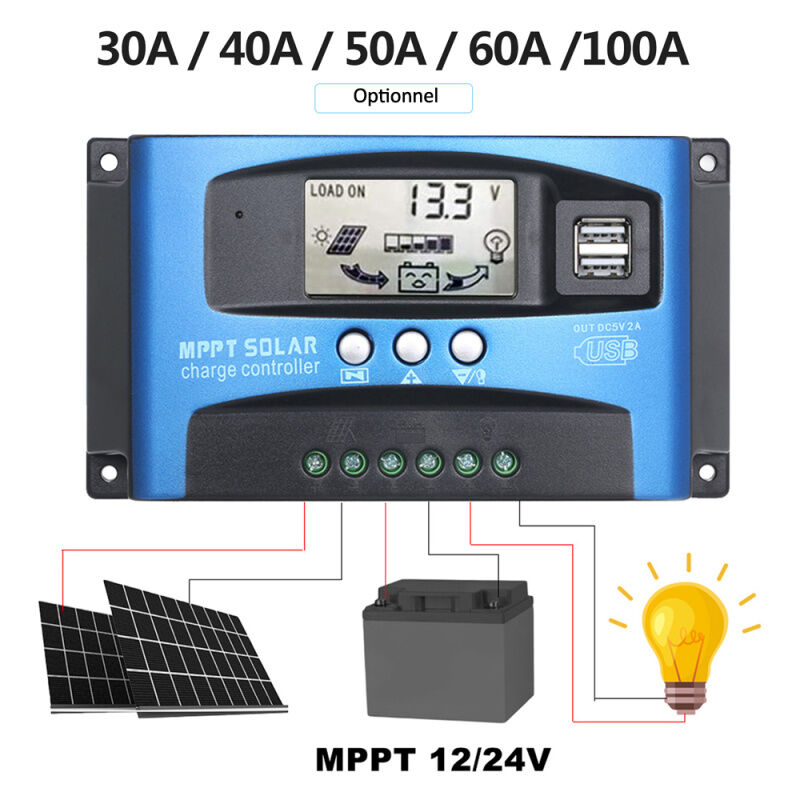 12V/24V 30A50A MPPT Contrôleur de Charge Solaire Panneau Solaire Régulateur de Batterie Double USB Affichage LCD 70A 