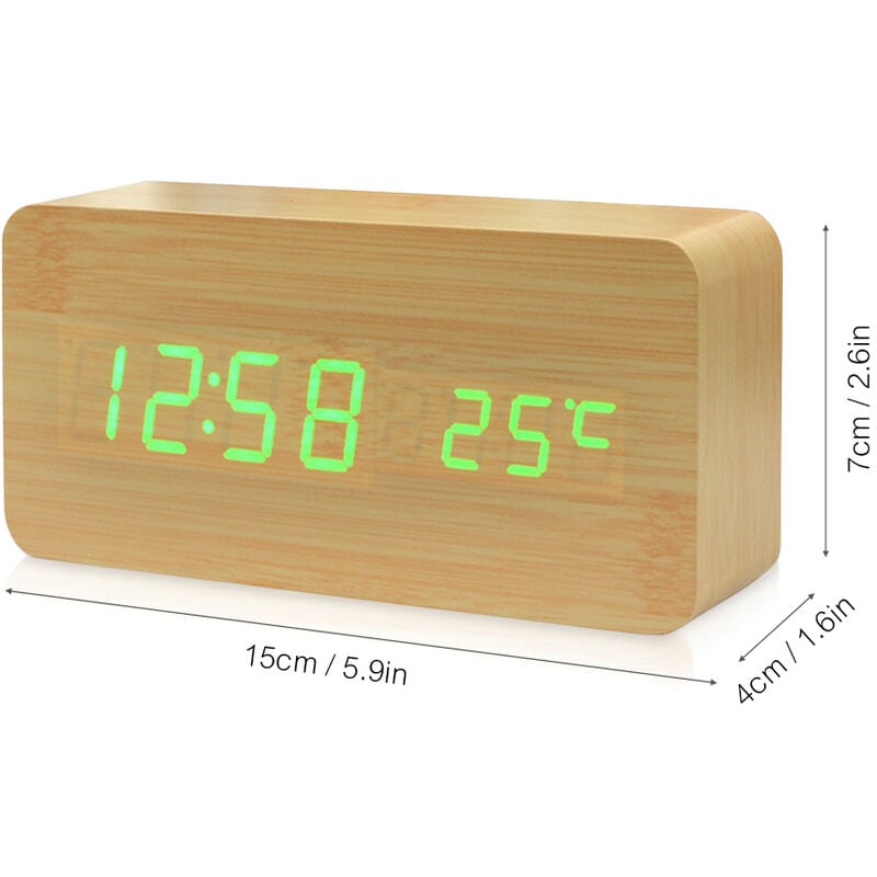 【Voix Thermometre Calendrier controlee】Reveil en bois Horloge LED numerique Q9O8 