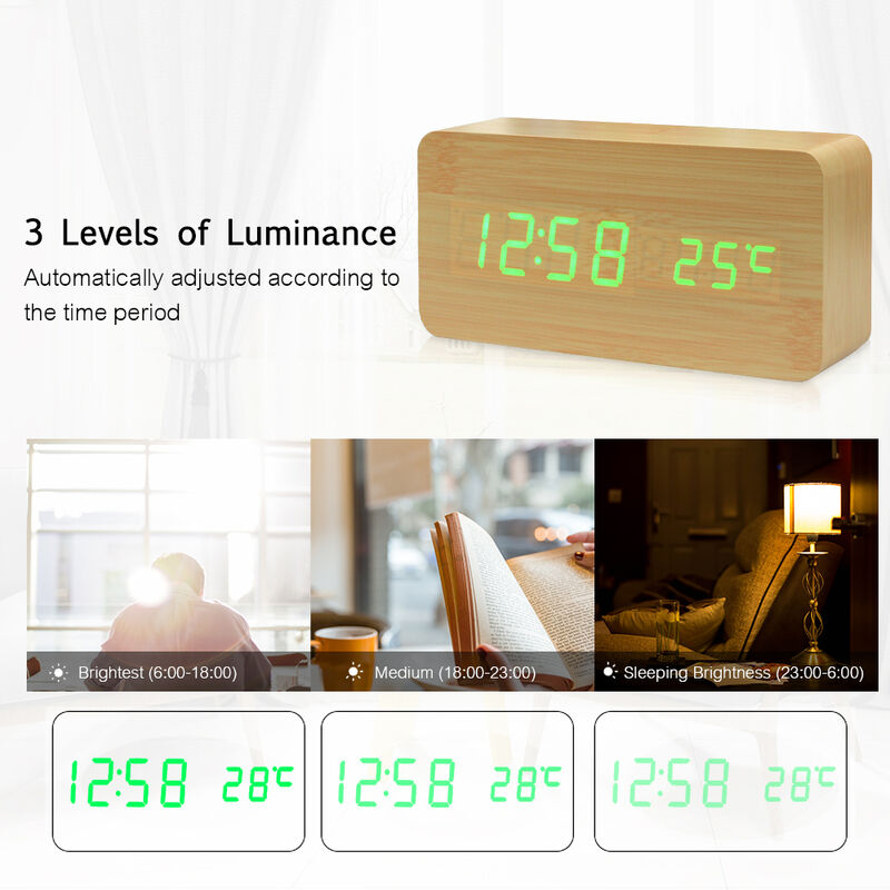 Electronique Led Reveil Numerique En Bois Affichage De L Heure De La Temperature De La Date Horloge De Bureau 3 Niveaux De Luminosite Commande Vocale Charge Usb Ou Alimentation Par Batterie Bois Beige