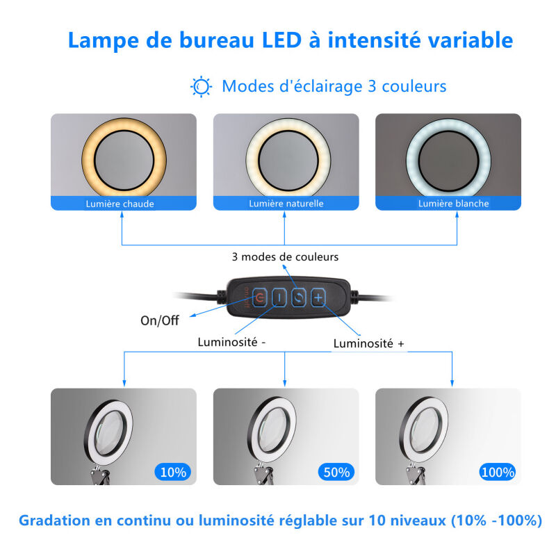 5X Lampe loupe LED Lampe de lecture ajustable pour les yeux avec pince Bestcool LED Lampe de bureau Loupe à bras pivotant en métal 3 couleurs éclairées pour la lecture les études Argent