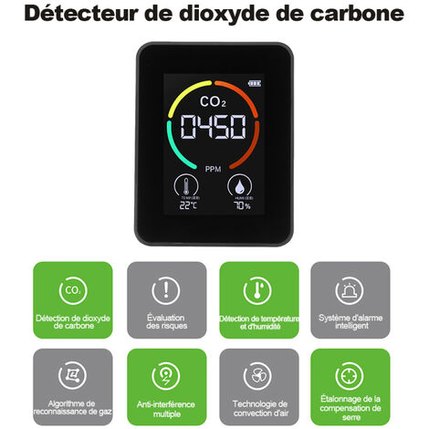 Détecteur de CO2 Moniteur de co2 de qualité de l'air avec température d'humidité pour Voiture de Gym de Bureau à Domicile Black with NDIR Sesnor Alarme de détecteur de monoxyde de Carbone