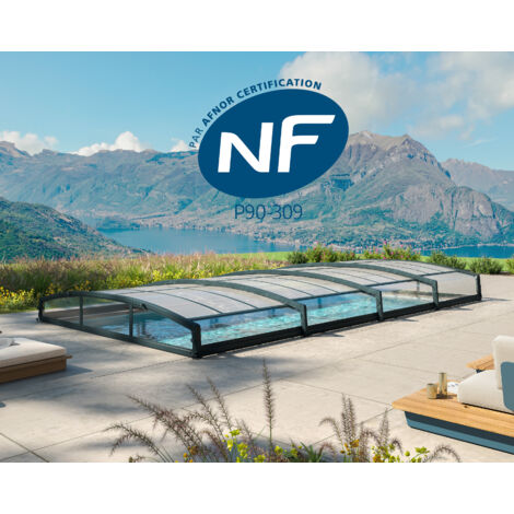 Palram - Canopia – Abri piscine téléscopique Majorca 6.7 x 4.5 m gris – Panneaux en polycarbonate ultra-résistant – Structure en aluminium laqué – Norme NF P90-309