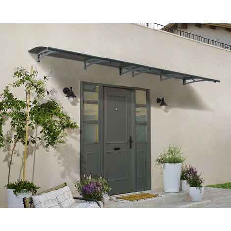 Palram - Canopia – Marquise de porte Aquila gris – Aluminium et polycarbonate – Longueur 412 cm, profondeur 91,5 cm, hauteur 17,5 cm – Gouttière intégrée