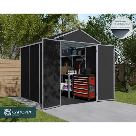Canopia By Palram – Abri de jardin résine Rubicon gris – Dimensions 1.54x1.85m – Surface 2.80m² – Résistant aux intempéries – Panneaux en polycarbonate