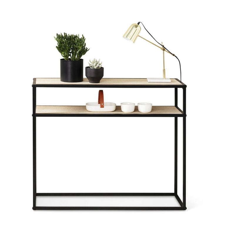 LIFA LIVING Estantería de pie Lateral | Estantería de Lado | 2 Estantes | para Dormitorio, salón, recibidor | Metal Negro y Madera de Caucho | 100 x 30 x 85 cm | Soporta 30 kg