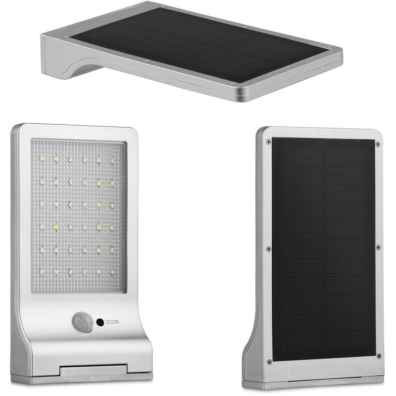 LED LOVERS Foco LED para exterior, Luz de pared solar, Para jardín y patio, Detector de movimiento hasta 3 metros, IP44, Plata