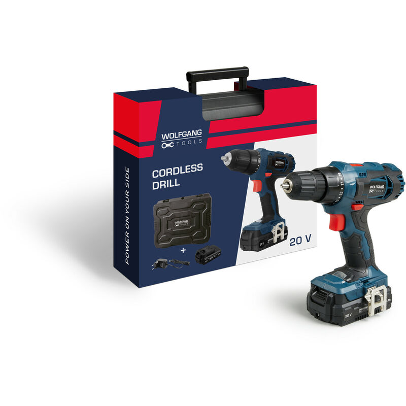 WOLFGANG TOOLS Taladro inalámbrico, Taladro de impacto 20V, Atornillador eléctrico 2 baterías 2.0 Ah y 4.0 Ah, Velocidad variable para taladrar metal y madera