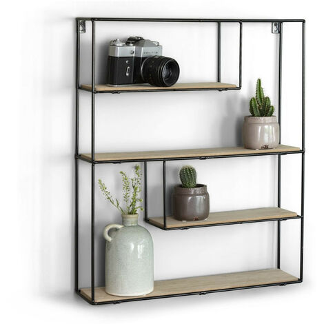 Estantería de Pared de Madera y Metal con 4 Estantes, Diseño Vintage y