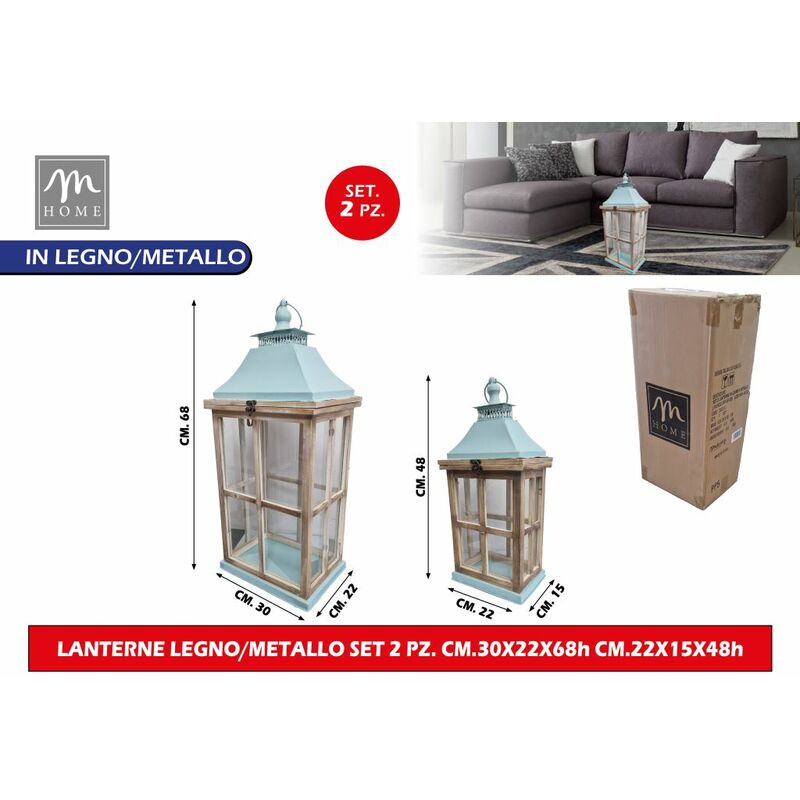 LANTERNE LEGNO/METALLO SET 2 PZ. CM.30X22X68h CM.22X15X48h