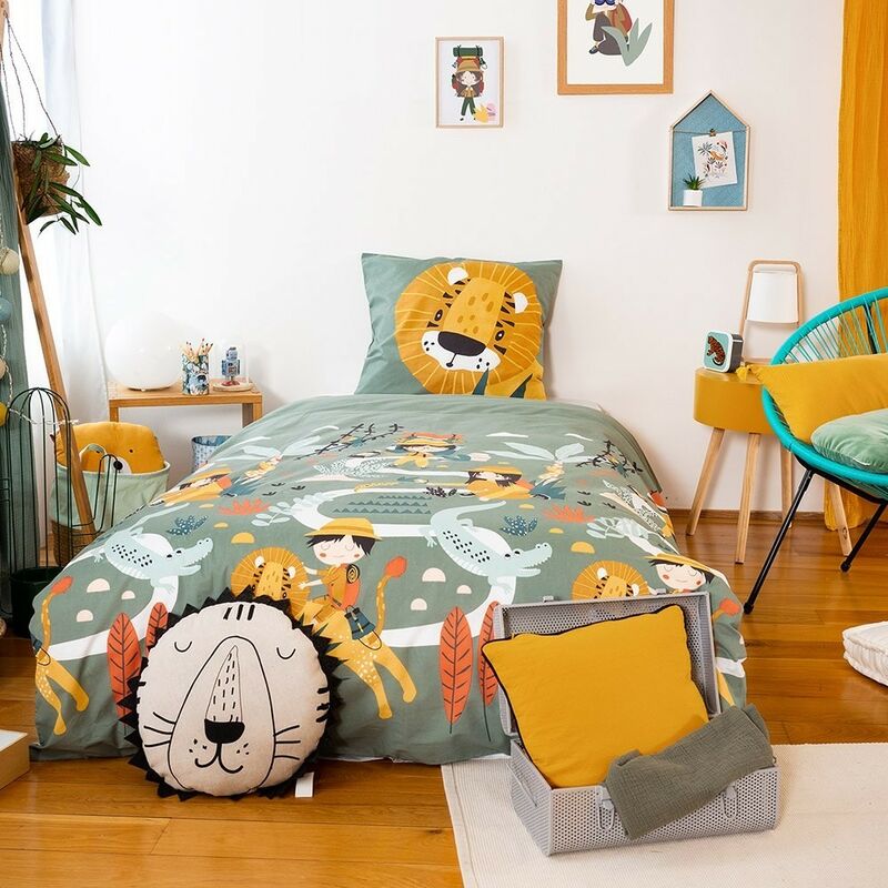 Cu00d4TE Deco Bettwu00e4sche 140 X 200 Cm Fu00fcr Kinder U2013 Bettbezug 140 X 200 Cm + 1 Kissenbezug 63 X 63 Cm, Motiv Savanne Gru00fcn, Blau, Gelb U2013 Bettwu00e4sche-Set