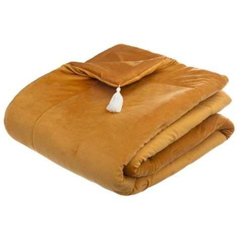 Atmosphera – Édredon velours 80x180 cm ocre – 100% polyester – Garnissage moelleux – Élément décoratif chic et tendance