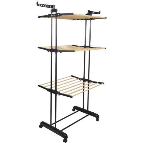 The Home Deco Factory – Etendoir à linge effet bois 16m – 3 niveaux – Dimensions L.75 x l.62 x h.173 cm – 4 roulettes pour déplacement facile (1/4)