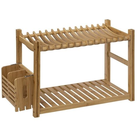 Égouttoir à vaisselle 2 niveaux avec pot couverts bambou (1/4)