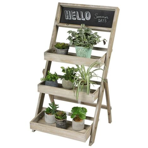 Étagère à plantes 3 niveaux en bois naturel – Charge max 5 kg par étagère – Dimensions L. 45 x l. 43 x H. 78 cm – Avec ardoise et craies – Fornord (1/3)