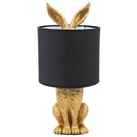 Lampe à poser lapin doré en résine – Abat-jour noir – Hauteur 44 cm – Douille E27 Max. 60W – Design contemporain – Ostaria