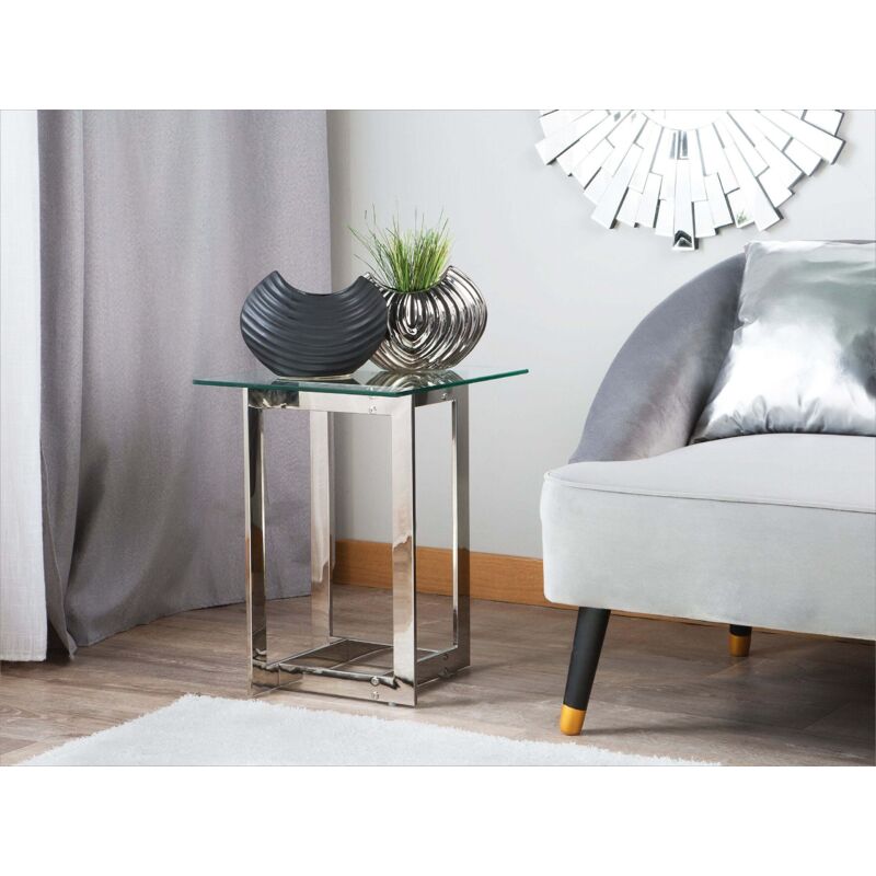 Table D'Appoint Design Moderne - Plateau Verre Transparent Et Pieds Métal Doré - 40x40x52 Cm - Style Glamour