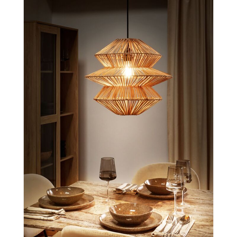 Suspension Boho En Rotin Anduki - Abat-jour Naturel, Base Métal, 133cm - Neuf, Garantie 2 Ans