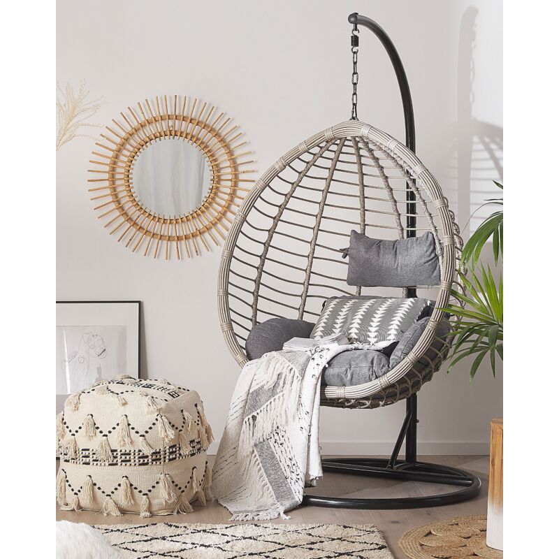 Fauteuil Suspendu Œuf Avec Support - Blanc, Rotin Et Métal - Dimensions 102x102 Cm - Charge 140 Kg