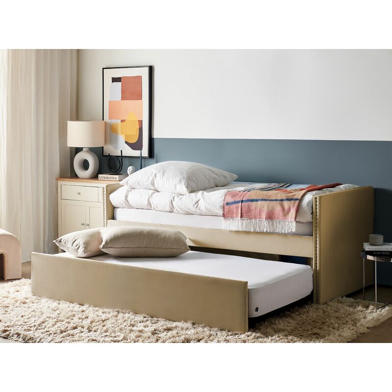 Lit banquette gigogne 2 x 90 x 190 cm en velours taupe + matelas - LENVIA