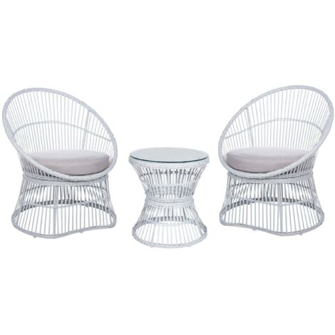 Ensemble de Bistrot en Rotin PE Blanc Cassé et Verre Trempé Table et 2 Chaises Mesyna (1/5)