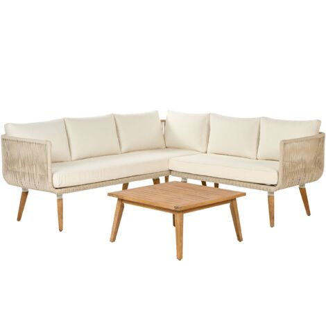 Salon de Jardin Beige en Bois d'Acacia 5 Places et Coussins en Tissu Alcamo (1/5)