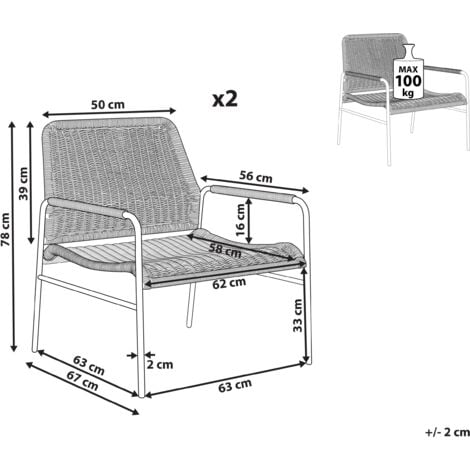 Lot de 2 Chaises de Jardin Modernes en Polyotin Naturel et Métal Noir Prasimo