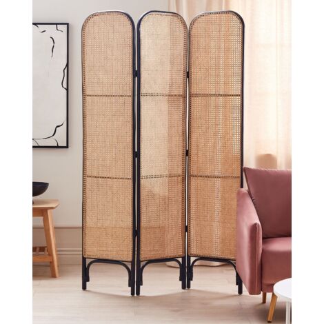 Paravent Beliani 3 Panneaux En Rotin Naturel Et Noir, Style Boho, 118x180 Cm