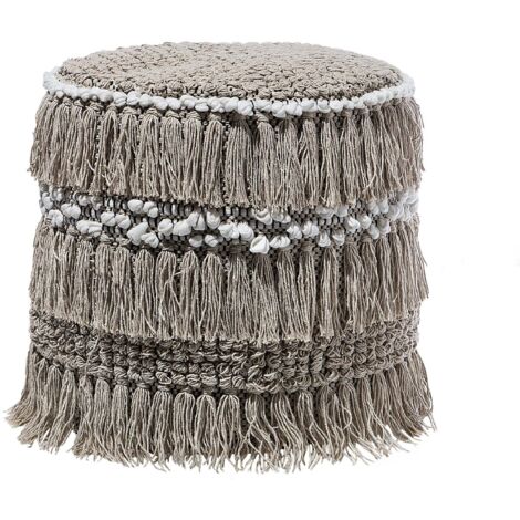 Pouf 44 x 43 cm en Tissu Coton Beige Rembourré en Billes de Polystyrène au Style Bohème avec Frange pour décoration de Salon ou de Chambre Beliani (1/5)