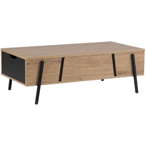 Beliani – Table basse rectangulaire en bois clair avec pieds en métal noir – Plateau amovible – Espace de rangement – Style industriel moderne