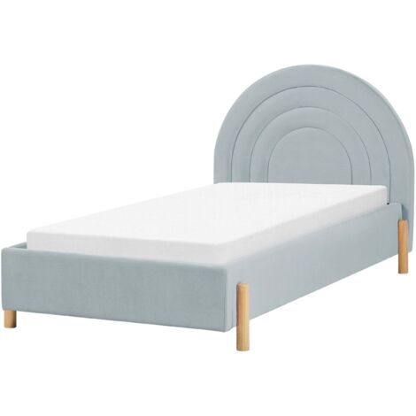 Lit Simple Bleu Clair en Velours 90 x 200 cm avec Tête de Lit Ronde Rétro Anet (1/5)